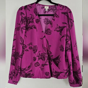 Purple Surplice Longsleeve Floral Blouse